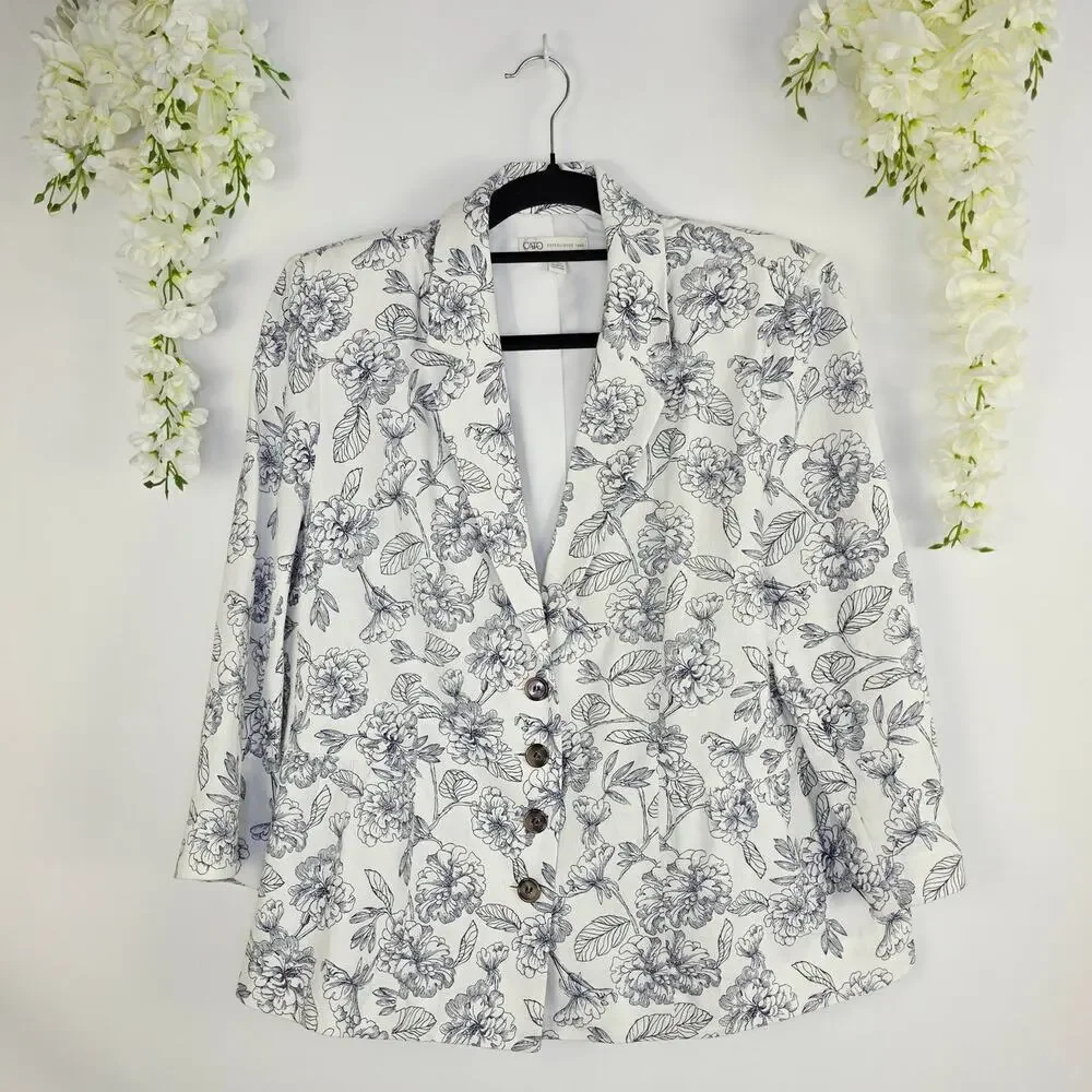 Cato Blazer XL White Gray Floral Linen Blend Lightweight Spring Office Chic